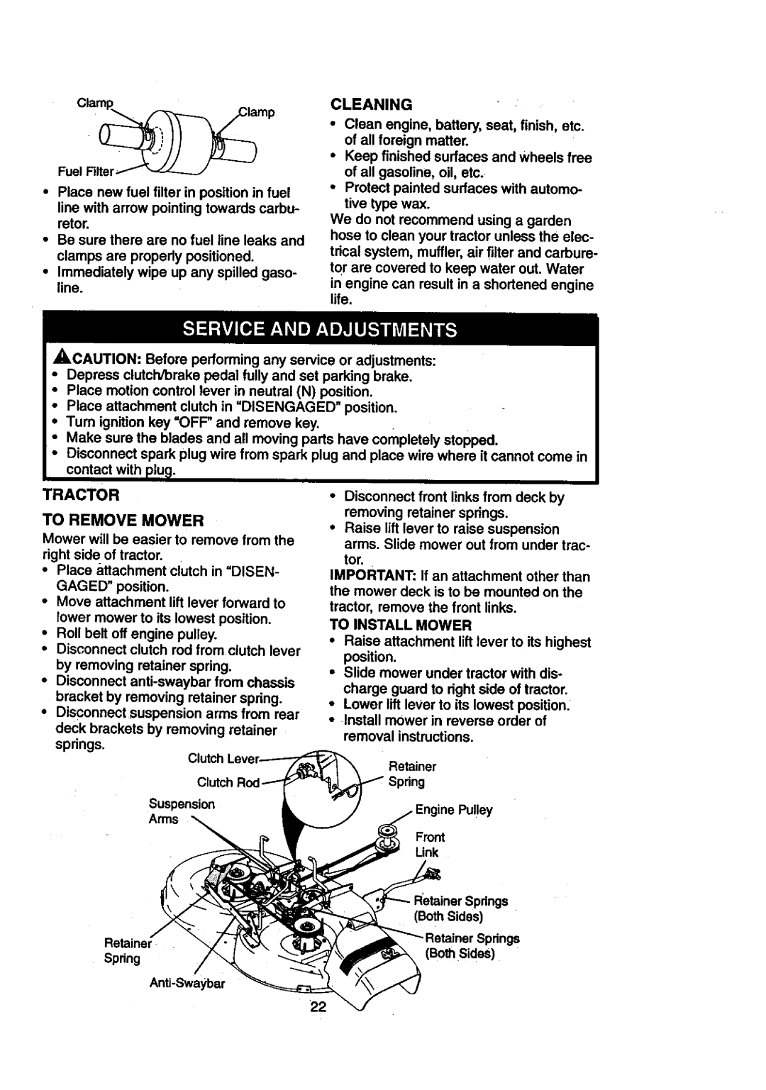 Craftsman 917.27108 owner manual Cleaning, Tractor To Remove Mower, To Install Mower 