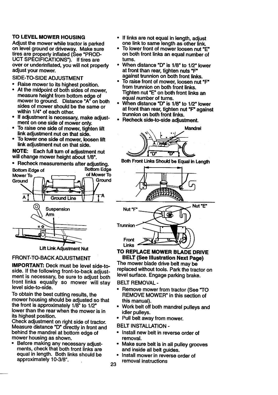 Craftsman 917.27108 To Levelmowerhousing, SIDE-TO-SIDE Adjustment, FRONT-TO-BACK Adjustment, To Replace Mower Blade Drive 