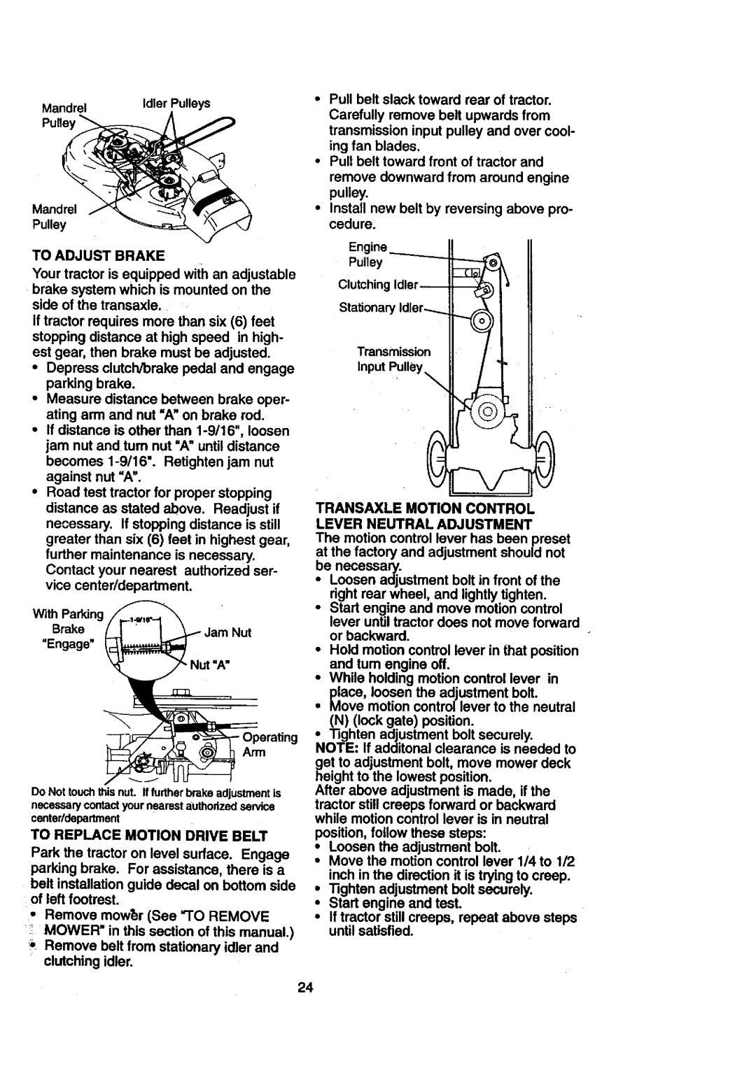 Craftsman 917.27108 Transaxle Motion Control Lever Neutral Adjustment, To Adjust Brake, To Replace Motion Drive Belt 