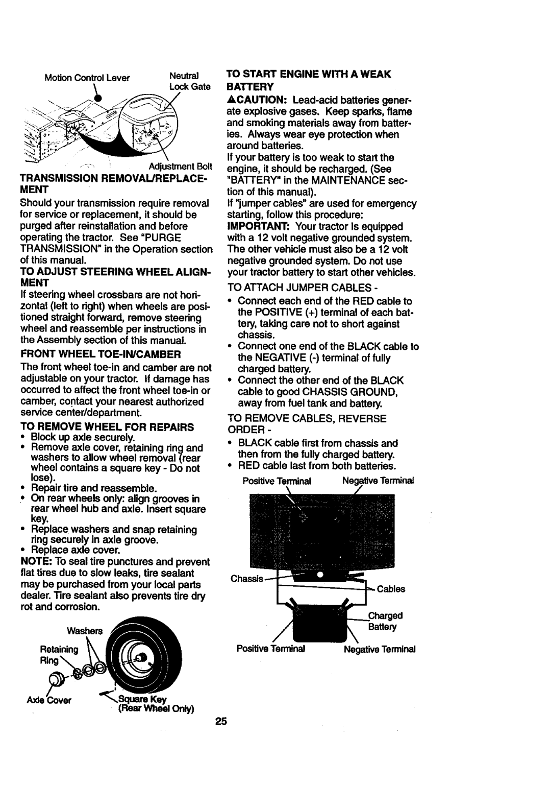 Craftsman 917.27108 To Adjust Steering Wheel ALIGN- Ment, Front Wheel TOE-IN/CAMBER, To Remove Wheel for Repairs 