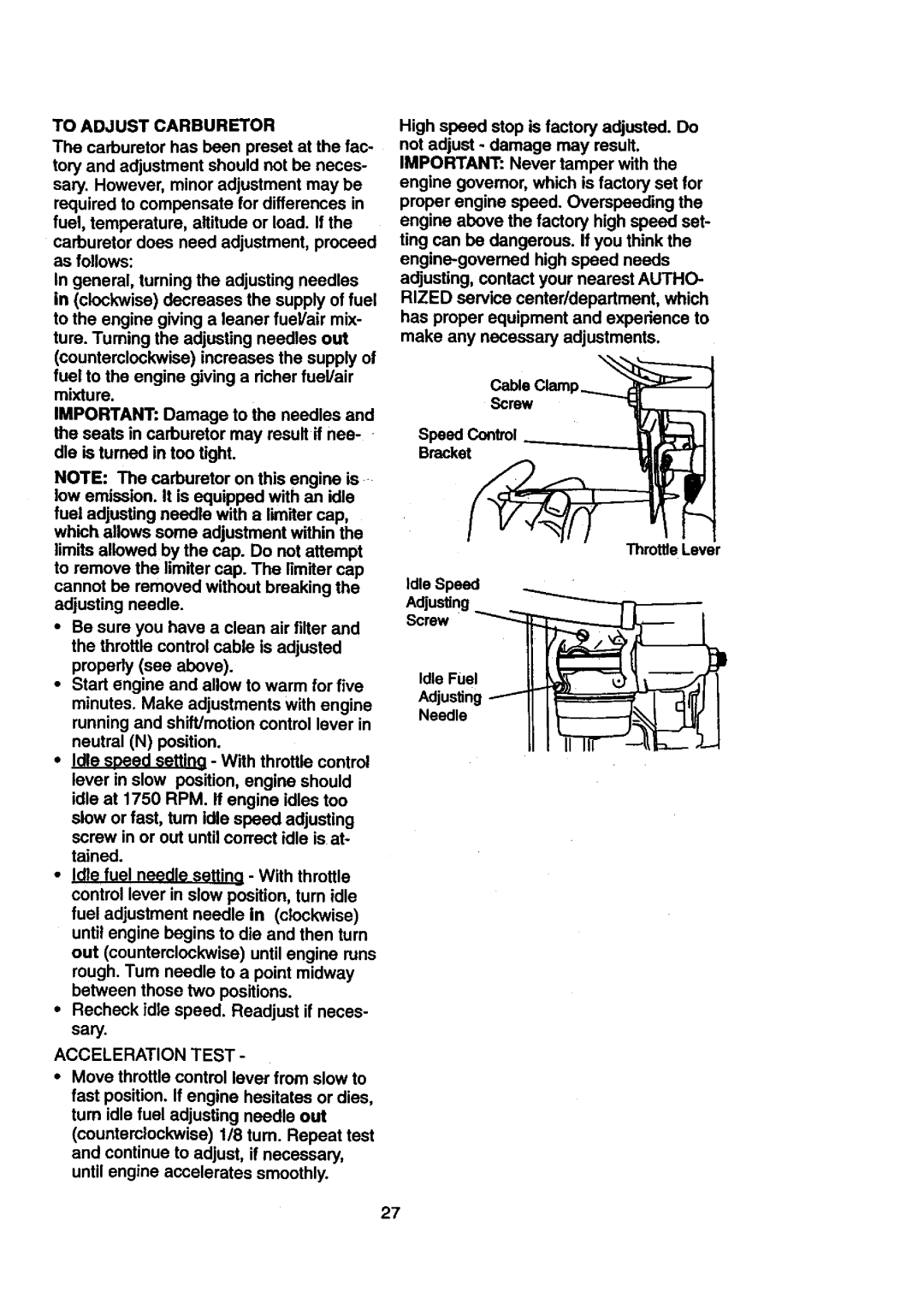 Craftsman 917.27108 owner manual To Adjust Carburetor, Acceleration Test 