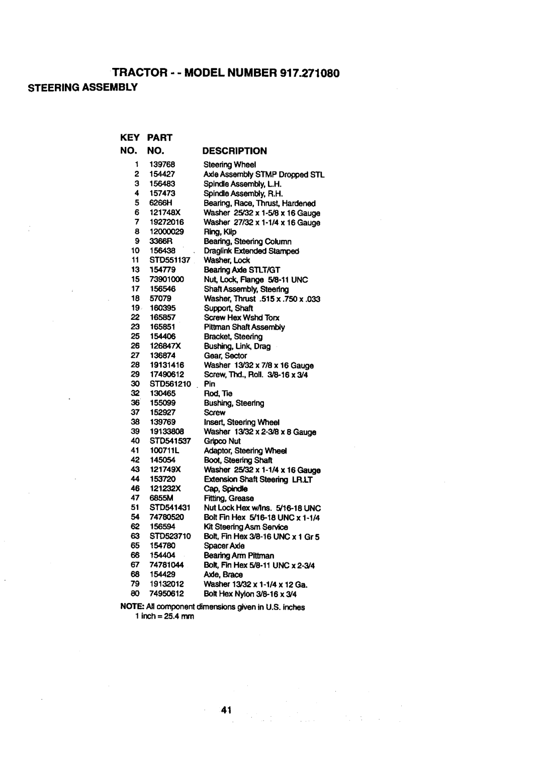 Craftsman 917.27108 owner manual Tractor - Model Number Steering Assembly, KEY Part NO. NO.DESCRIPTION 