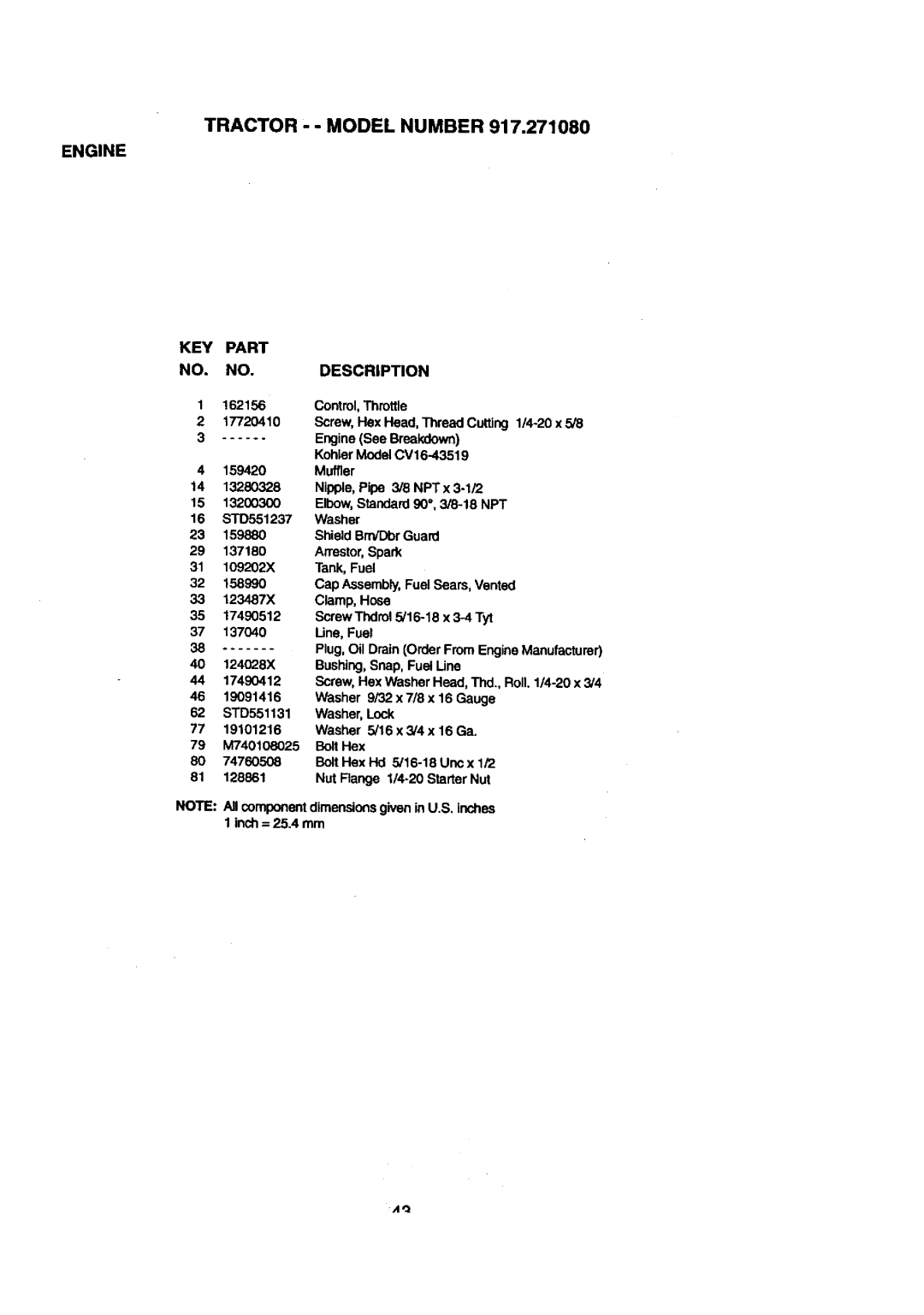 Craftsman 917.27108 owner manual Tractor - Model Number, Engine KEY Part Description 