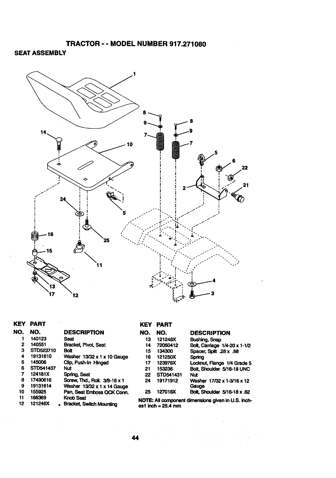 Craftsman 917.27108 owner manual Tractor - Model Number Seat Assembly, Pan, Seat 