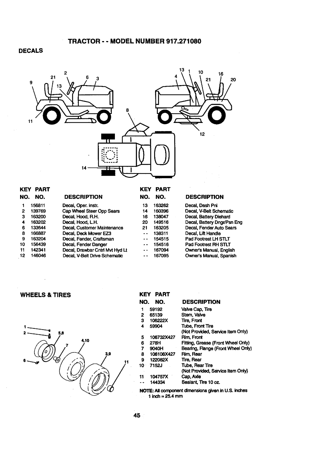 Craftsman 917.27108 owner manual Wheels & Tires, Decals KEY Part, KEY Part Description 