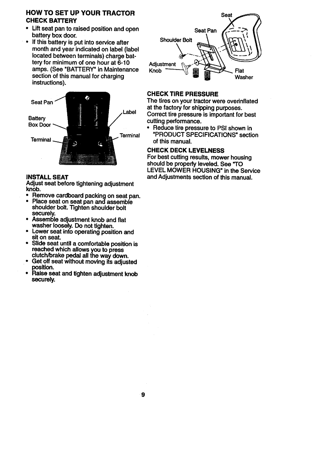 Craftsman 917.27108 HOW to SET UP Your Tractor Checkbattery, Check Tire Pressure, Install Seat, Check Deck Levelness 