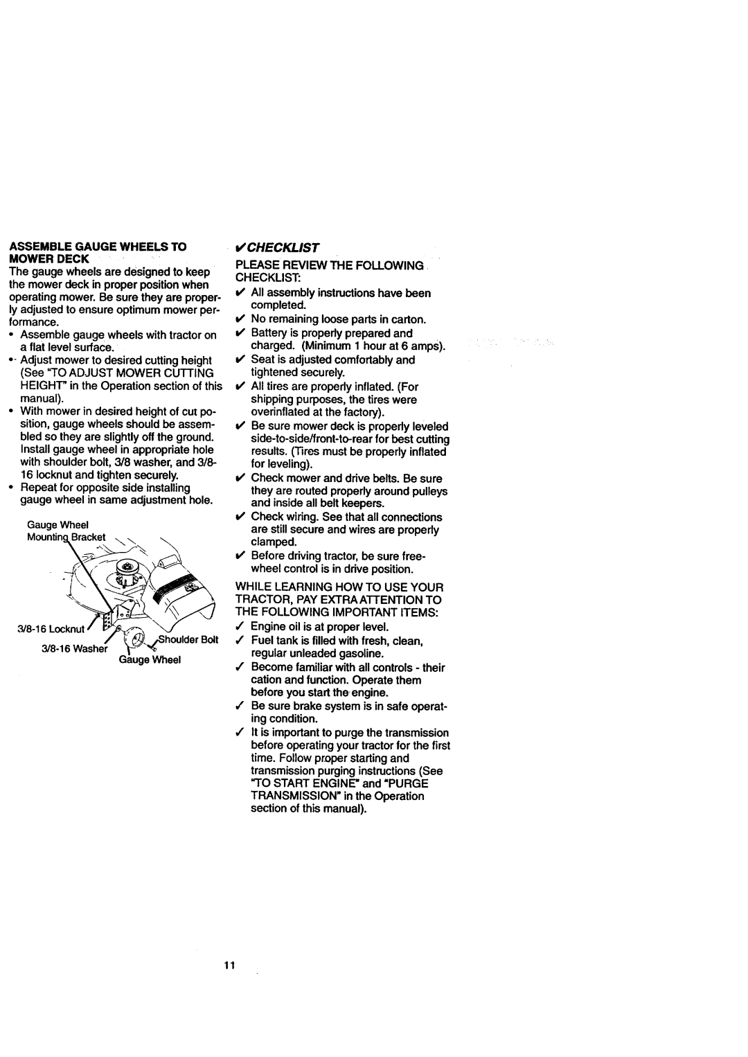 Craftsman 917.271110 Assemble Gauge Wheels to Mower Deck, Washer Ga-geWheel t, Please Review the Following Checklist 