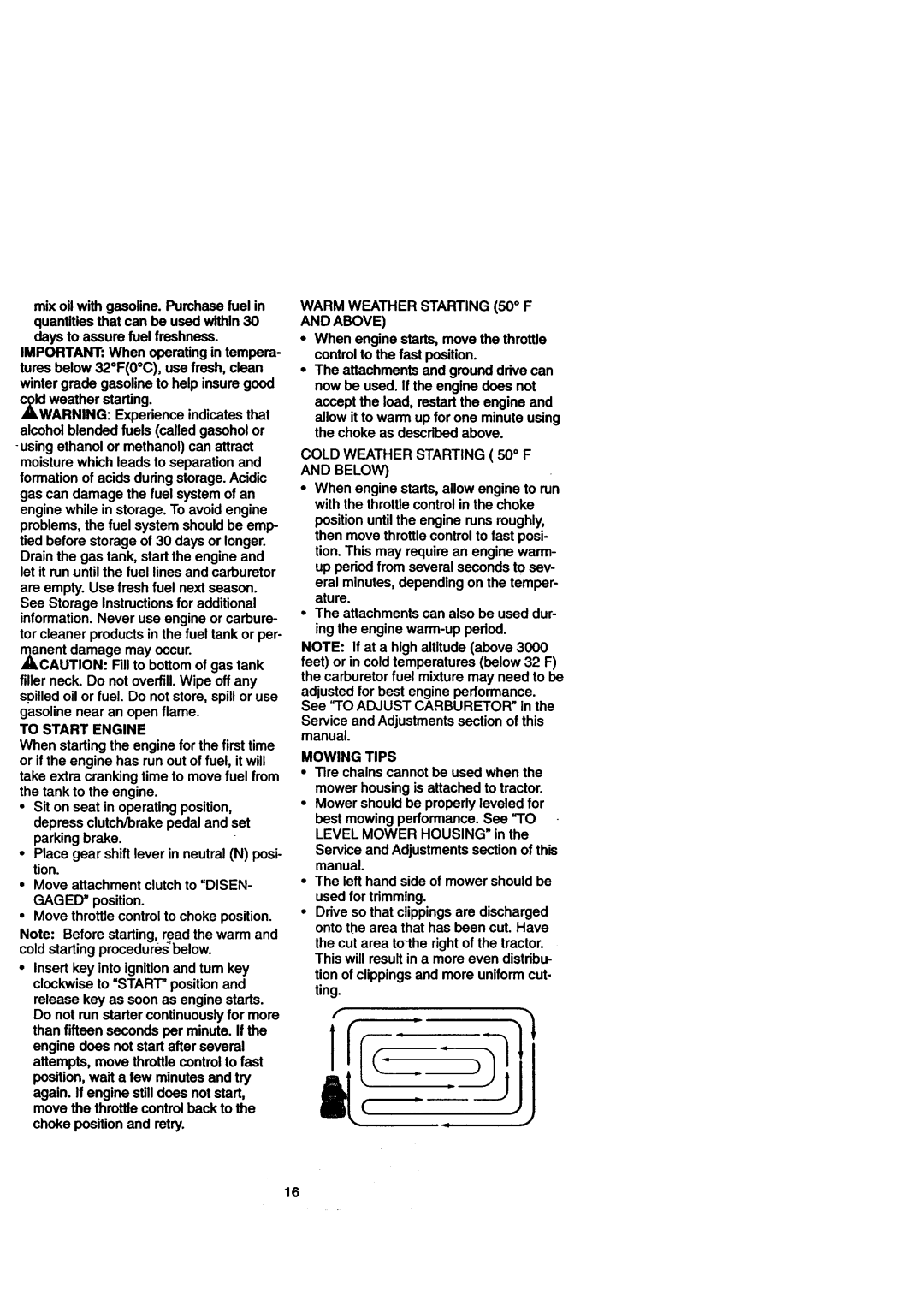 Craftsman 917.271110 Warm Weather Starting 50 F, Above, To Start Engine, Cold Weather Starting 50 F Below, Mowing Tips 