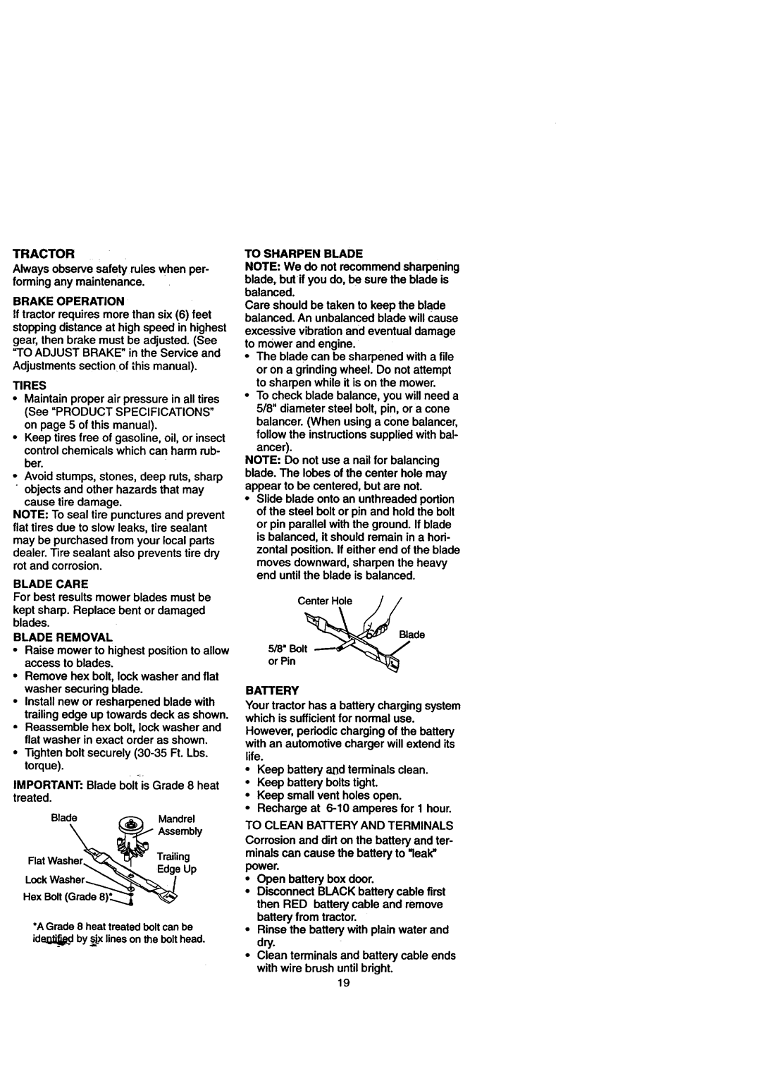 Craftsman 917.271110 owner manual Tractor, Alwaysobservesafety ruleswhen per- formingany maintenance, Battery 