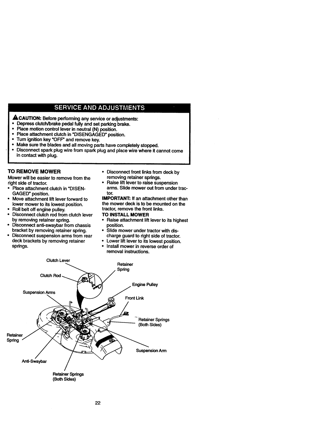 Craftsman 917.271110 owner manual To Remove Mower, Rollbelt offengine pulley, Anti-Swaybar, To Install Mower 