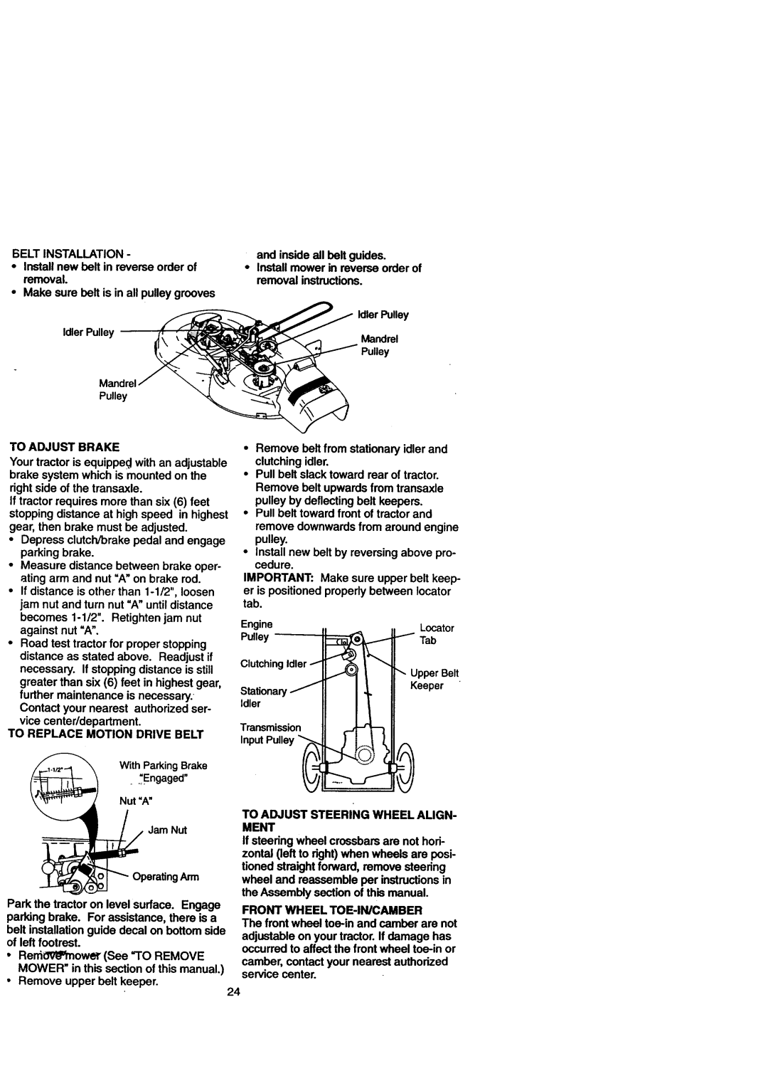 Craftsman 917.271110 owner manual To Adjust Steering Wheel ALIGN- Ment, Front Wheel TOE-IN/CAMBER, To Adjust Brake 