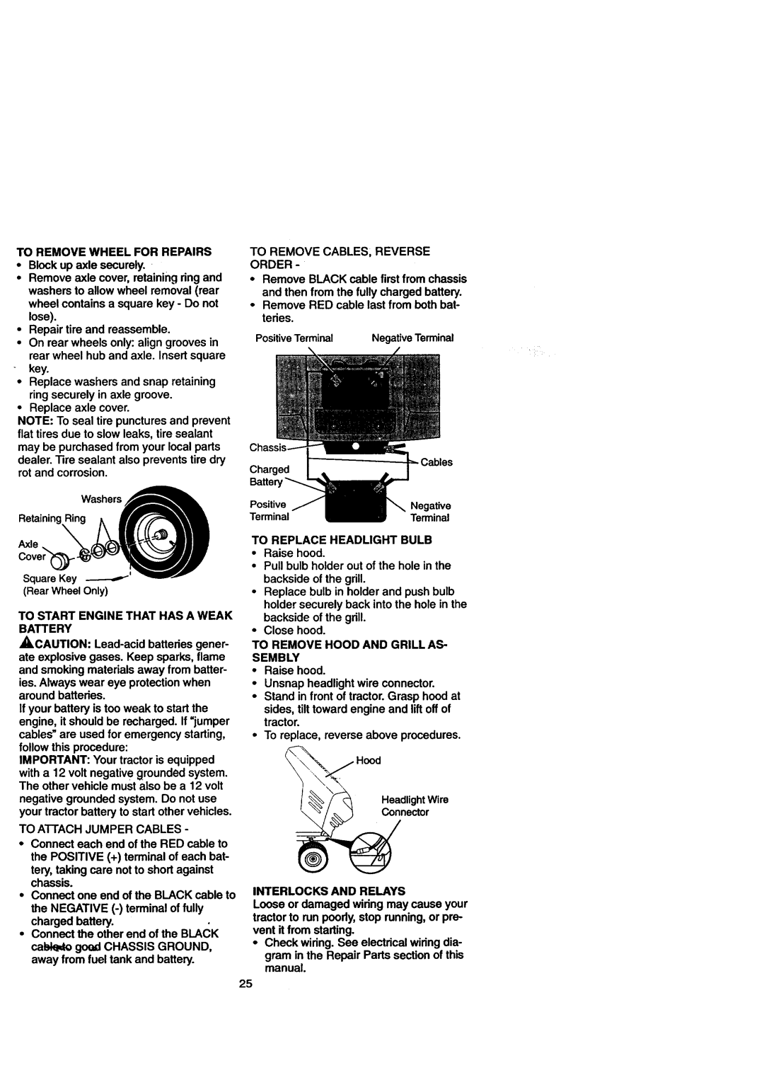 Craftsman 917.271110 To Start Engine That has a Weak Battery, Order, To Replace Headlight Bulb, Interlocks and Relays 