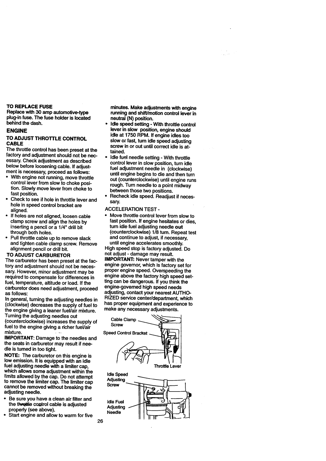 Craftsman 917.271110 owner manual To Adjust Throifle Control Cable, To Adjust Carburetor, Acceleration Test 