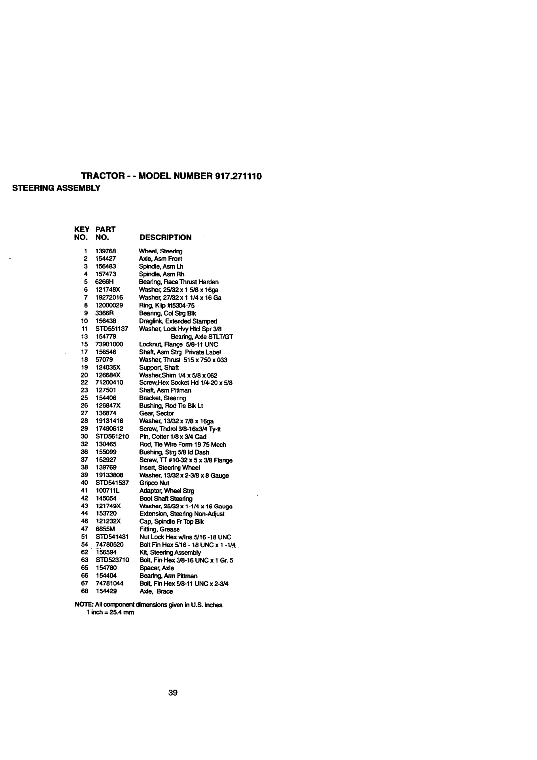 Craftsman 917.271110 owner manual Tractor - Model Number Steering Assembly, KEY Part Description 