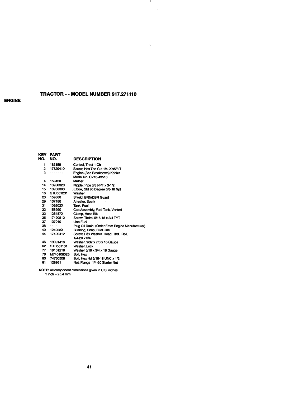 Craftsman 917.271110 owner manual Tractor -- Model Number, KEY Part Description 