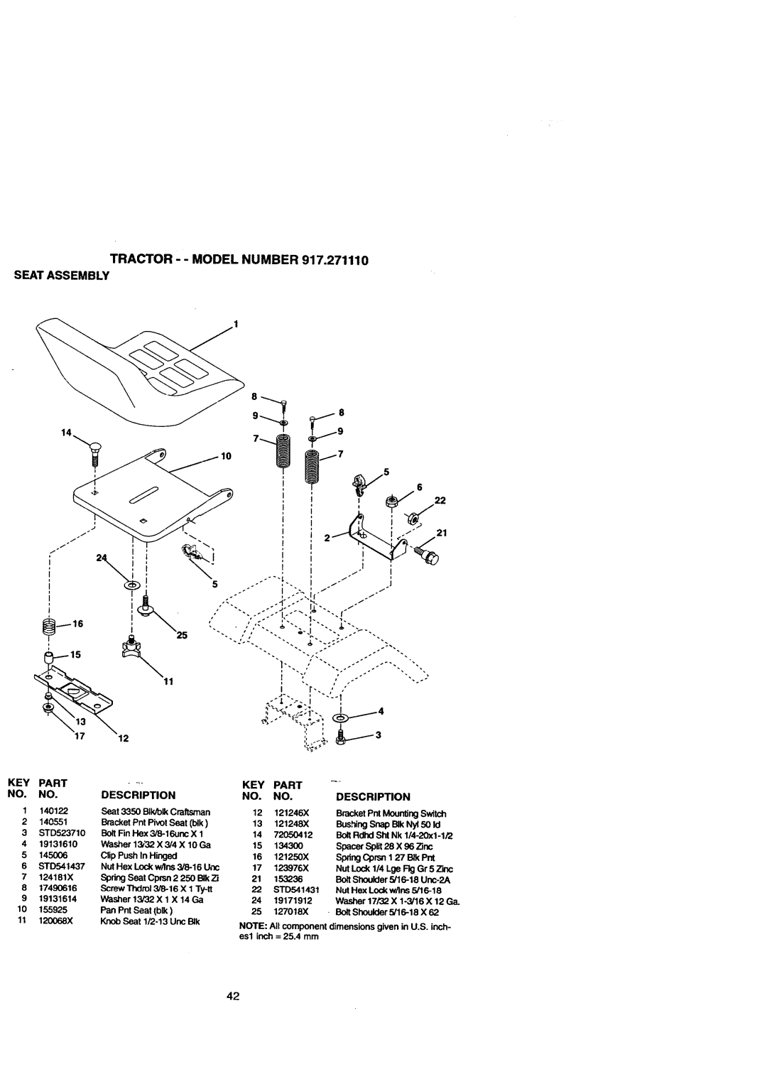 Craftsman owner manual Tractor --MODEL Number 917.271110 Seat Assembly, Part KEY Description 