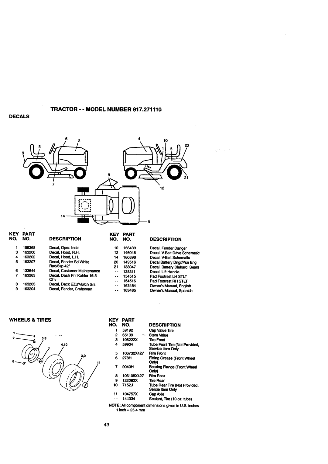 Craftsman 917.271110 owner manual Decals, Wheels Tires KEY Part 