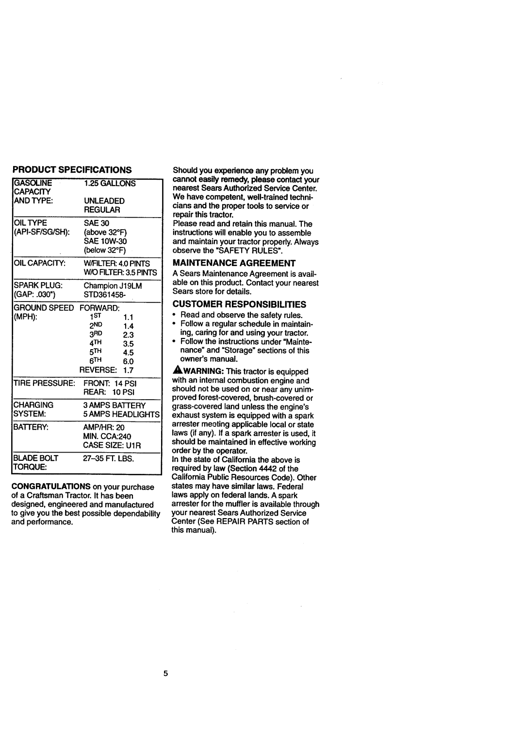 Craftsman 917.271110 owner manual MaintainyourtractorproperlyAlways. observethe Safety Rules, Maintenance Agreement 