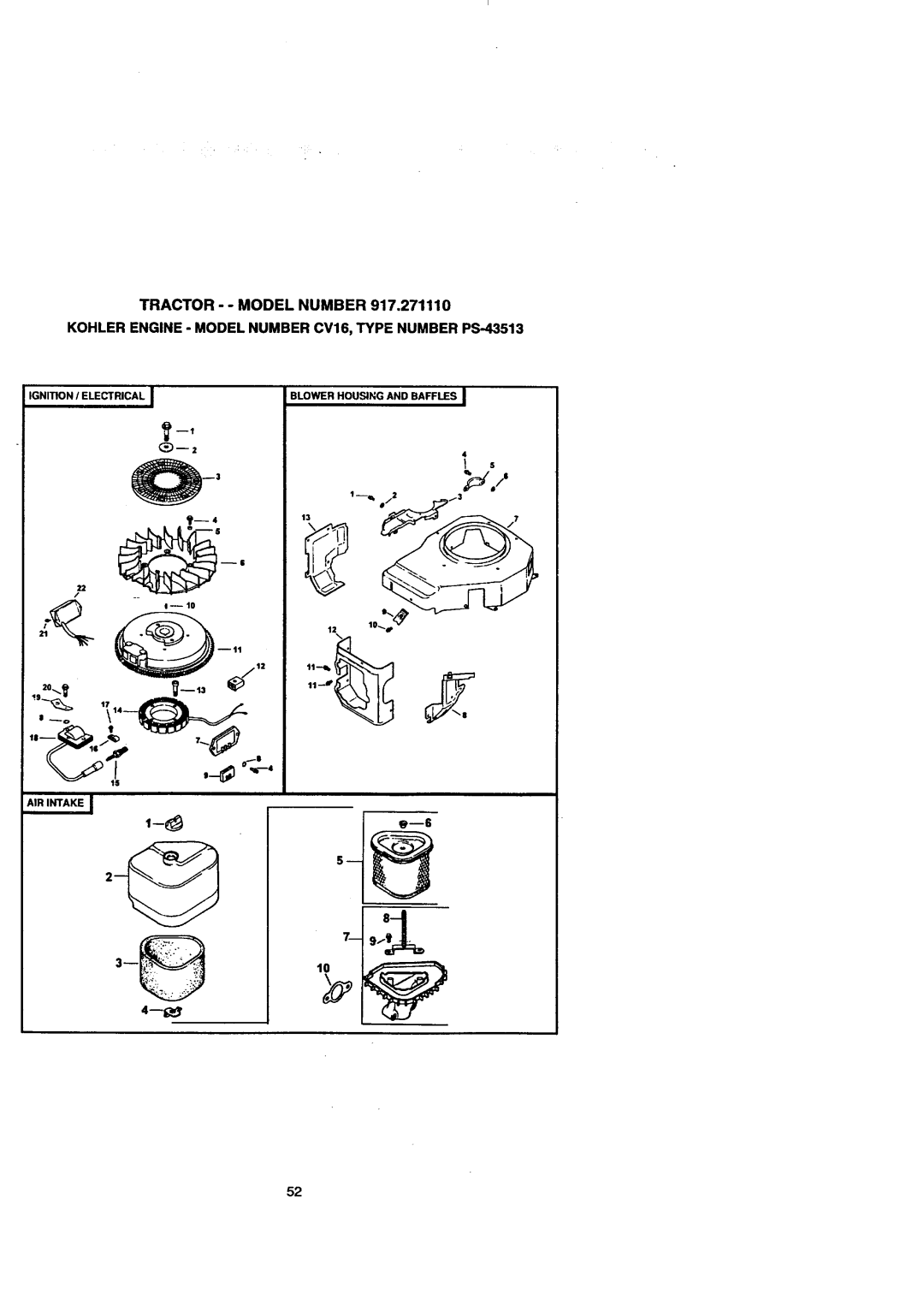 Craftsman 917.271110 owner manual Ignition / Electrical Blower Housing and Baffles AIR Intake 