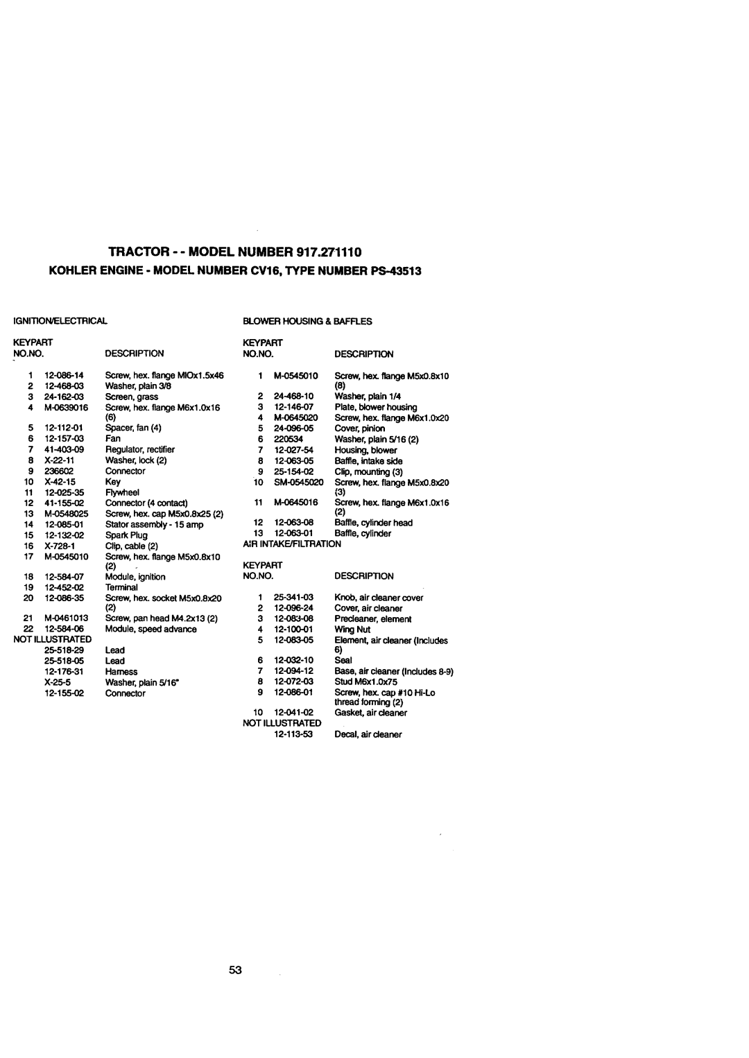 Craftsman 917.271110 owner manual IGNITION/ELECTRICAL Keypart NO.NO, Blower Housing & Baffles, Not Illustrated 