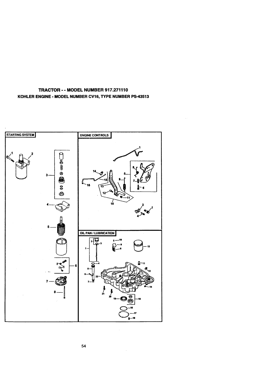 Craftsman 917.271110 owner manual Starting System J Engine Controls, OIL PAN I Lubrication 