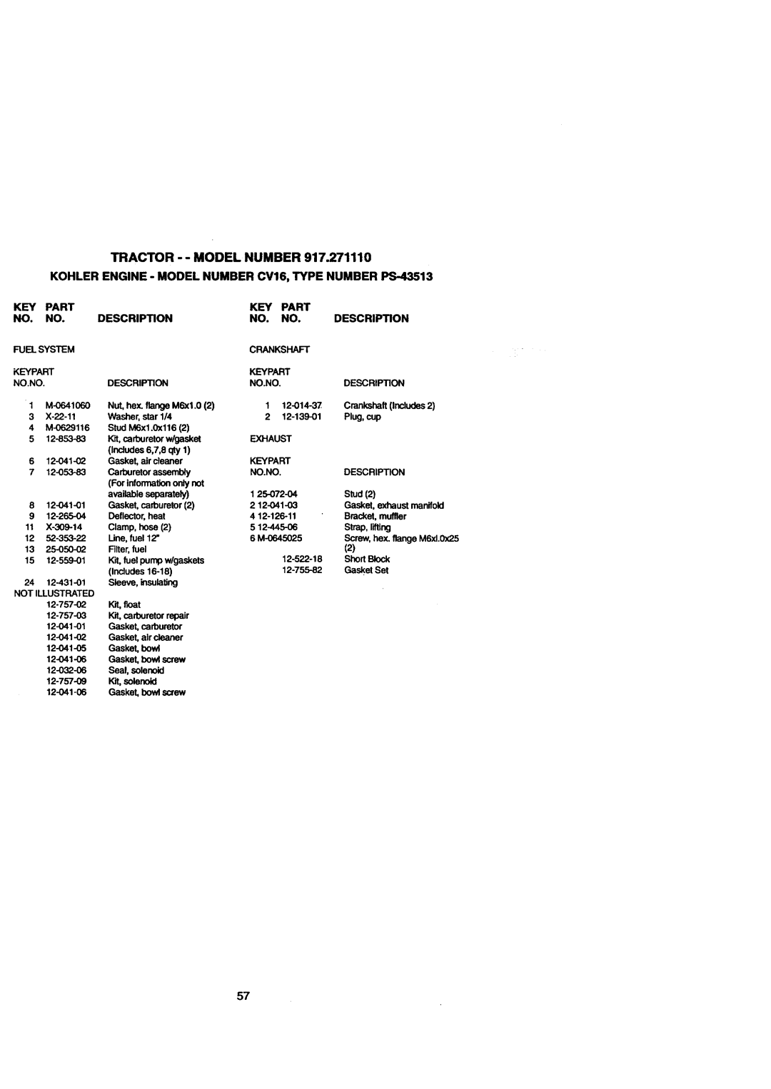 Craftsman 917.271110 owner manual KEY Part NO. no, Exhaust 