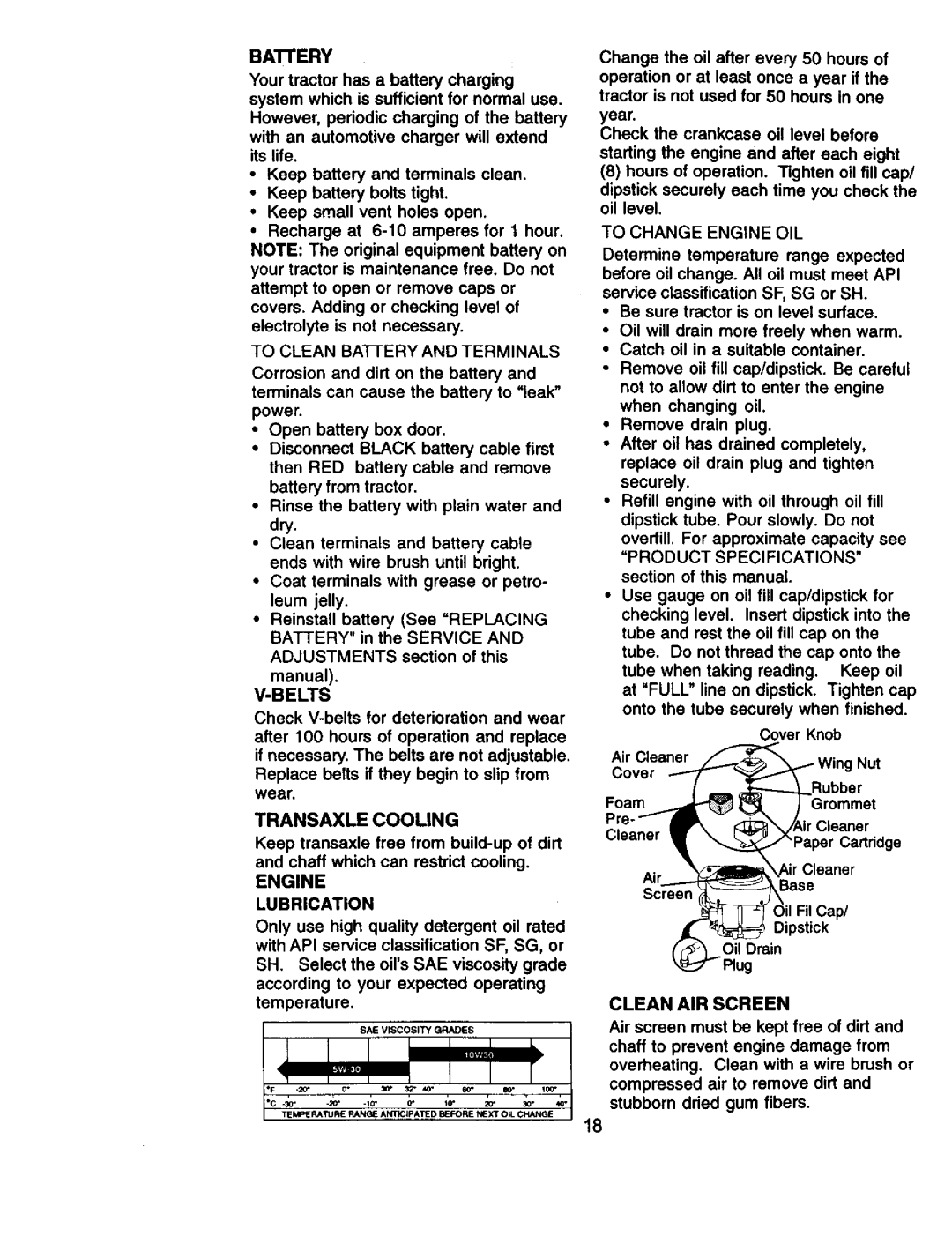 Craftsman 917.27113 owner manual Transaxle Cooling, Clean AIR Screen, Belts, Engine Lubrication 