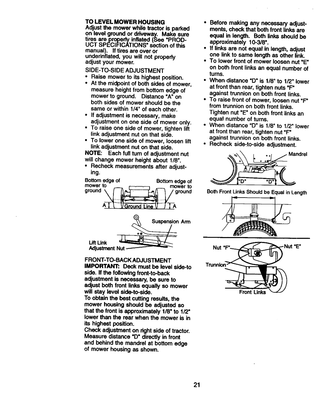 Craftsman 917.27113 owner manual To Level Mower Housing, SIDE-TO-SIDE Adjustment, FRONT-TO-BACK Adjustment 