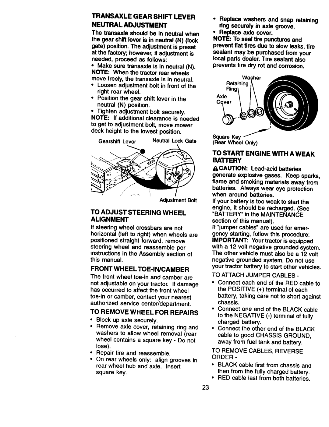 Craftsman 917.27113 owner manual To Adjust Steering Wheel Alignment, Front Wheel TOE-IN/CAMBER, To Remove Wheel for Repairs 