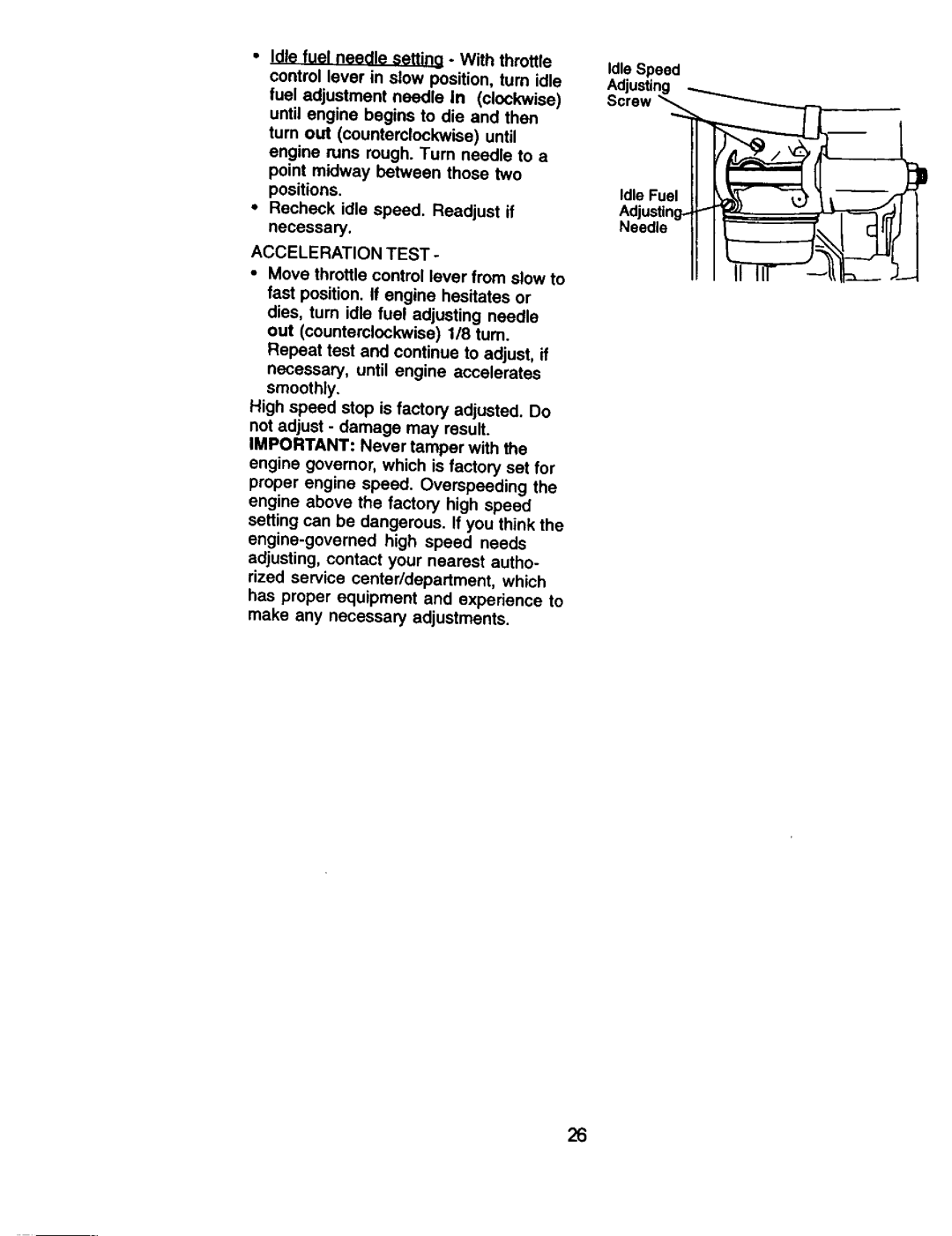 Craftsman 917.27113 owner manual Acceleration Test 