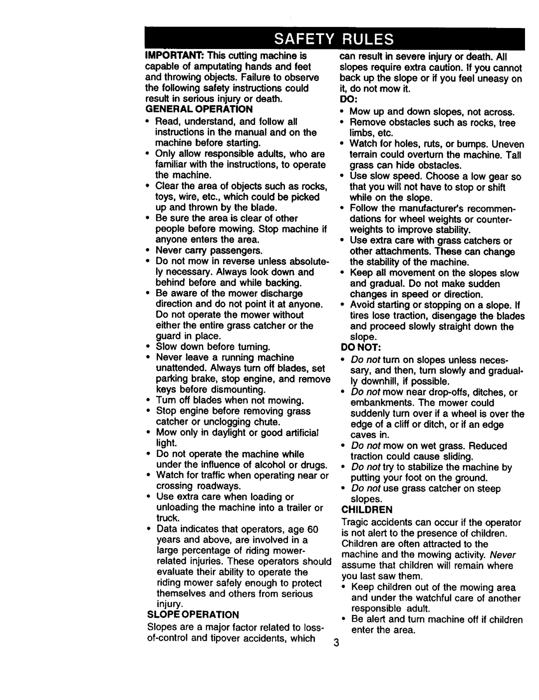 Craftsman 917.27113 owner manual General Operation, Slope Operation, Children 