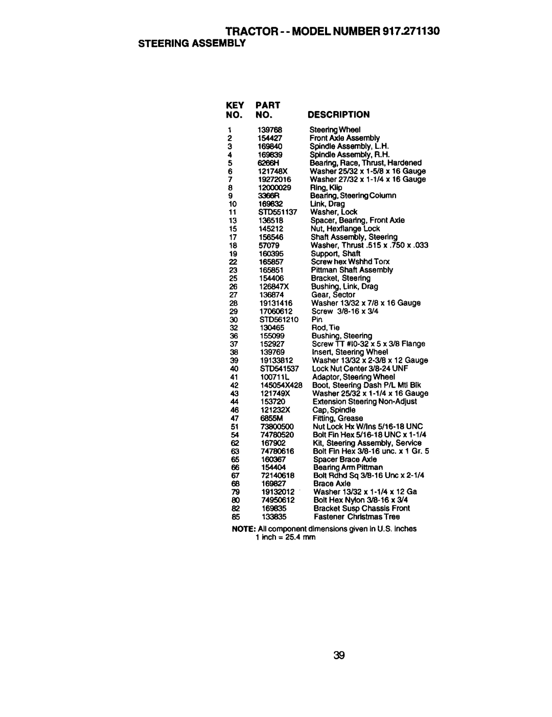 Craftsman owner manual TRACTOR-- Model Number 917.271130 Steering Assembly, KEY Part Description 