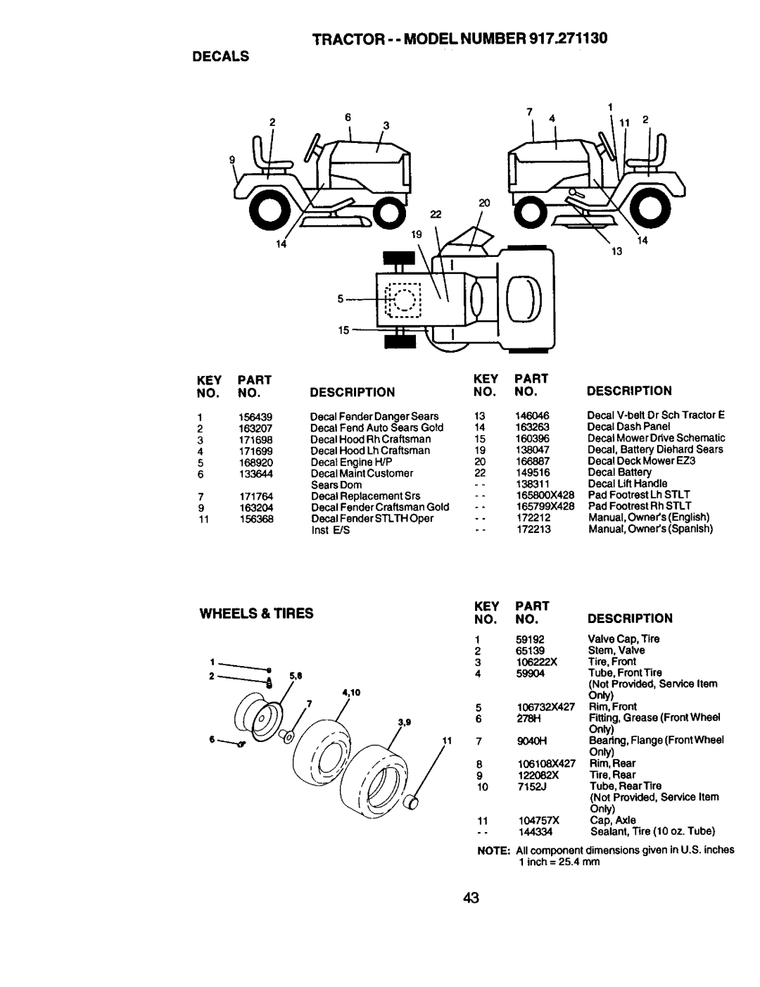 Craftsman 917.27113 owner manual Decals, Wheels & Tires KEY Part Description 