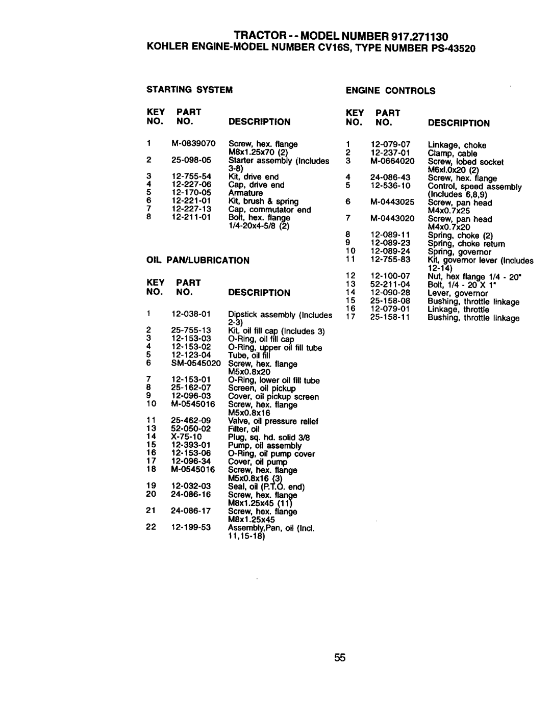 Craftsman 917.27113 Starting System Engine Controls KEY Part NO. NO.DESCRIPTION, OIL Panilubrication, KEY Part NO. no 