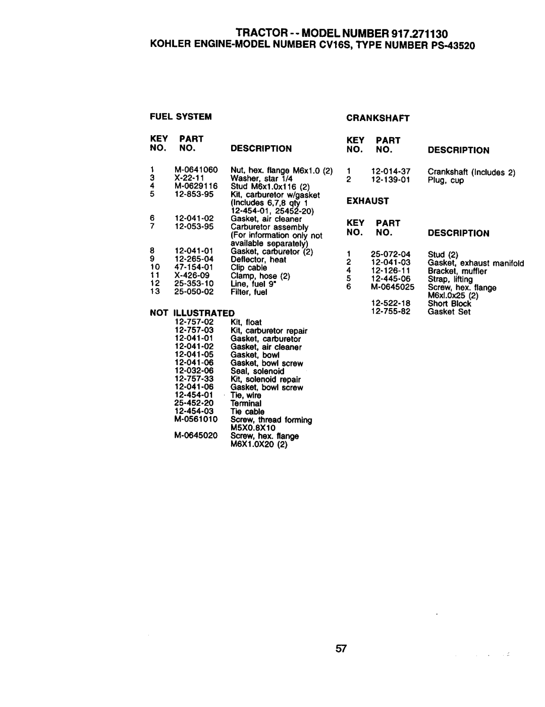 Craftsman 917.27113 owner manual Fuel System Crankshaft KEY Part Description 