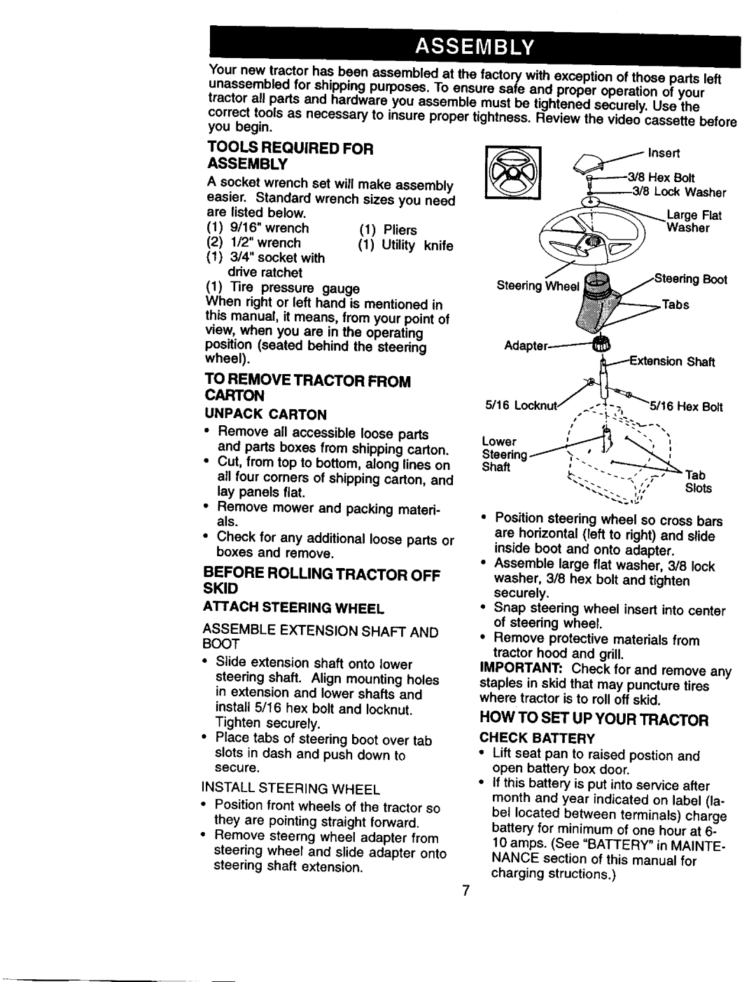 Craftsman 917.27113 Tools Required for Assembly, To Remove Tractor from Carton, HOW to SET UP Your Tractor, Unpack Carton 