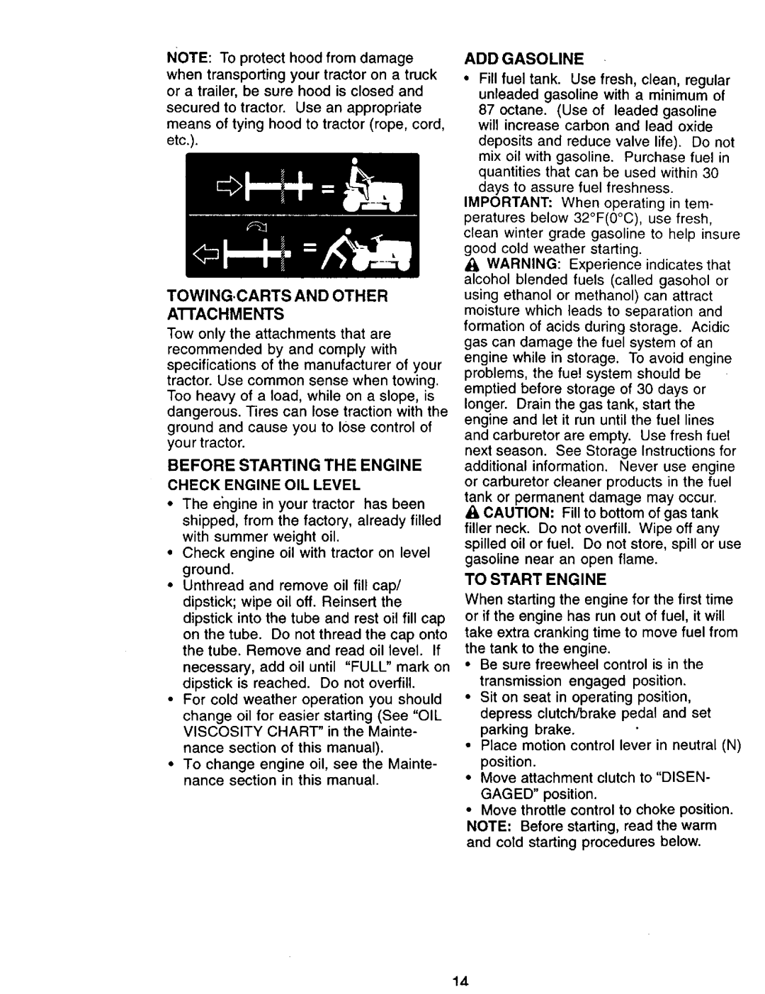 Craftsman 917.271142 manual Before Starting the Engine, ADD Gasoline, Check Engine OIL Level, To Start Engine 