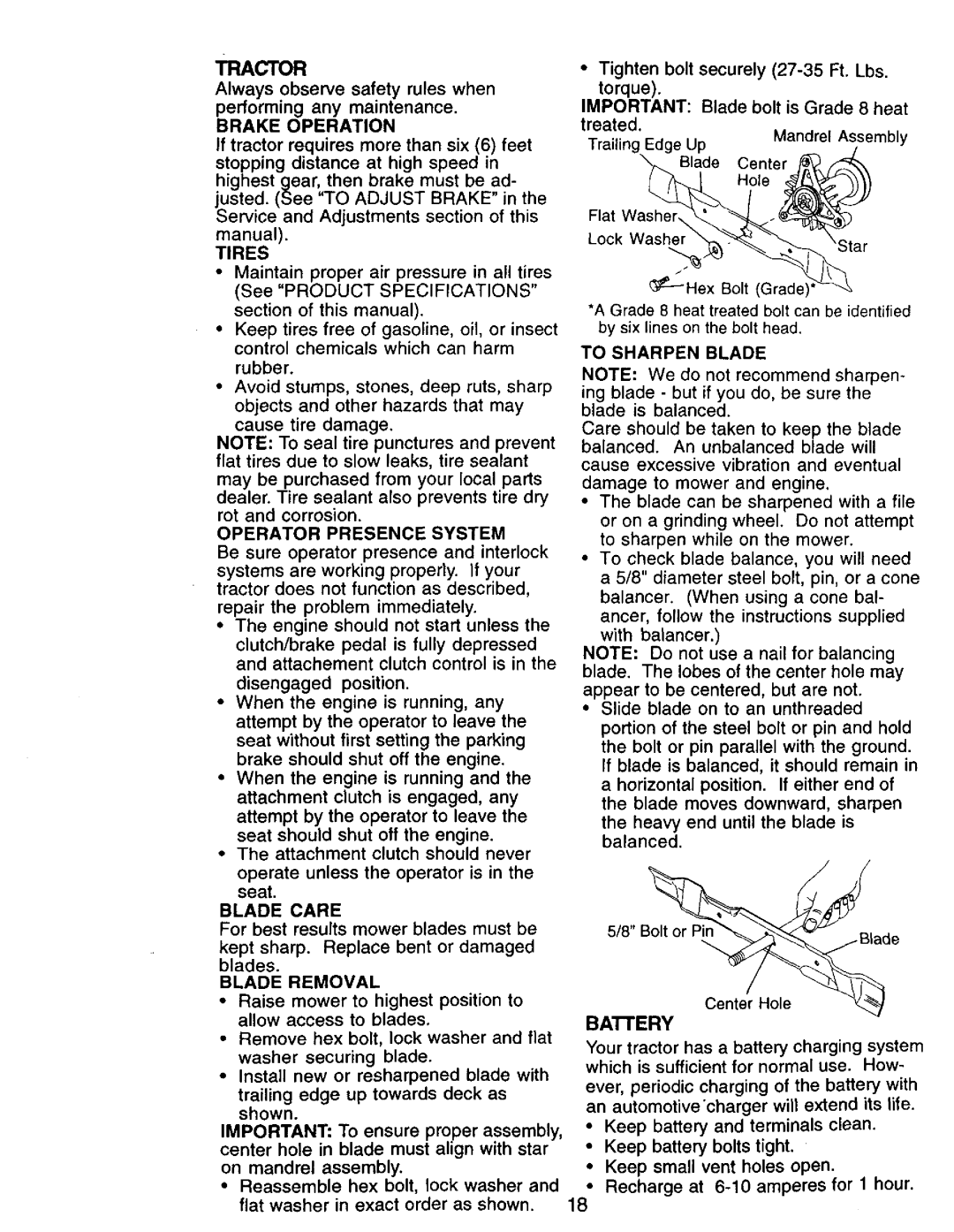 Craftsman 917.271142 manual Blade Care, Blade Removal, To Sharpen Blade, Battery 