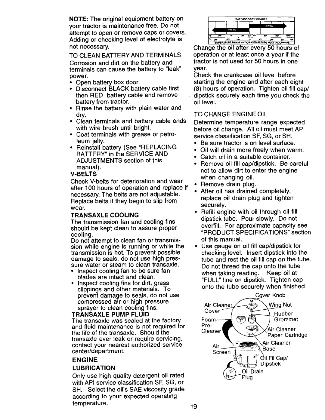 Craftsman 917.271142 To Clean Battery and Terminals, Belts, Transaxle Cooling, Transaxle Pump Fluid, Engine Lubrication 