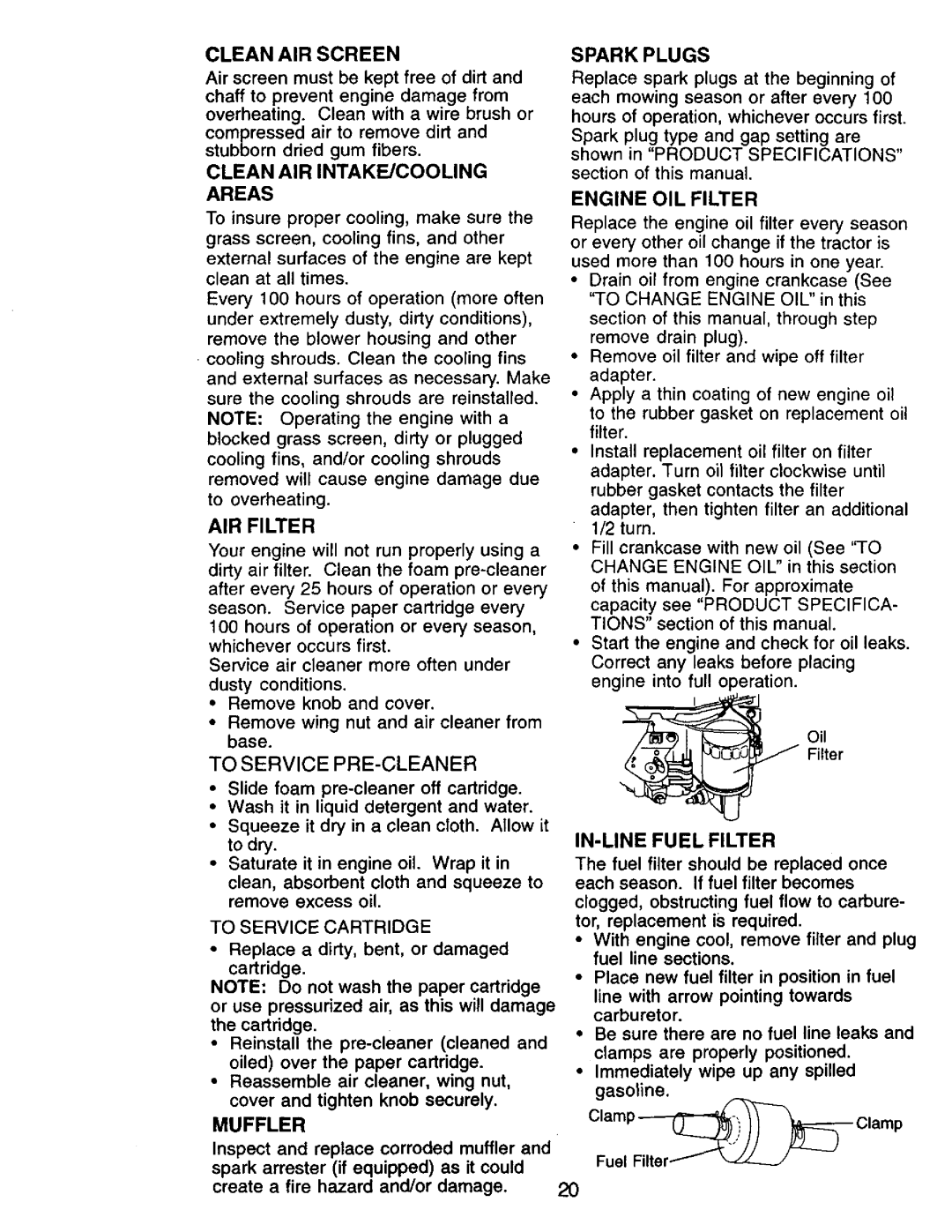 Craftsman 917.271142 manual AIR Filter, Engine OIL Filter, IN-LINE Fuel Filter 