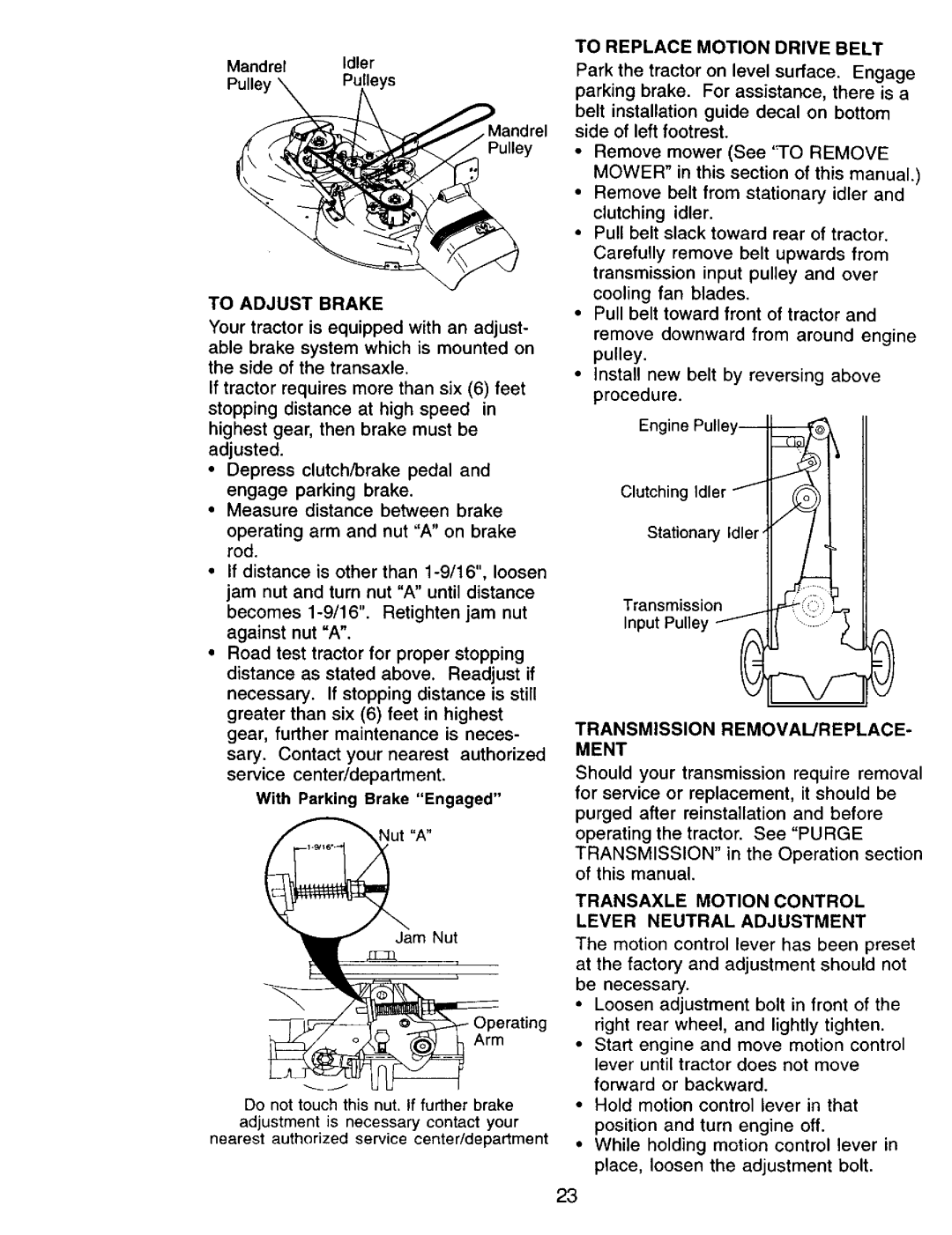 Craftsman 917.271142 manual To Adjust Brake, To Replace Motion Drive Belt, Transmission REMOVAIJREPLACE- Ment 