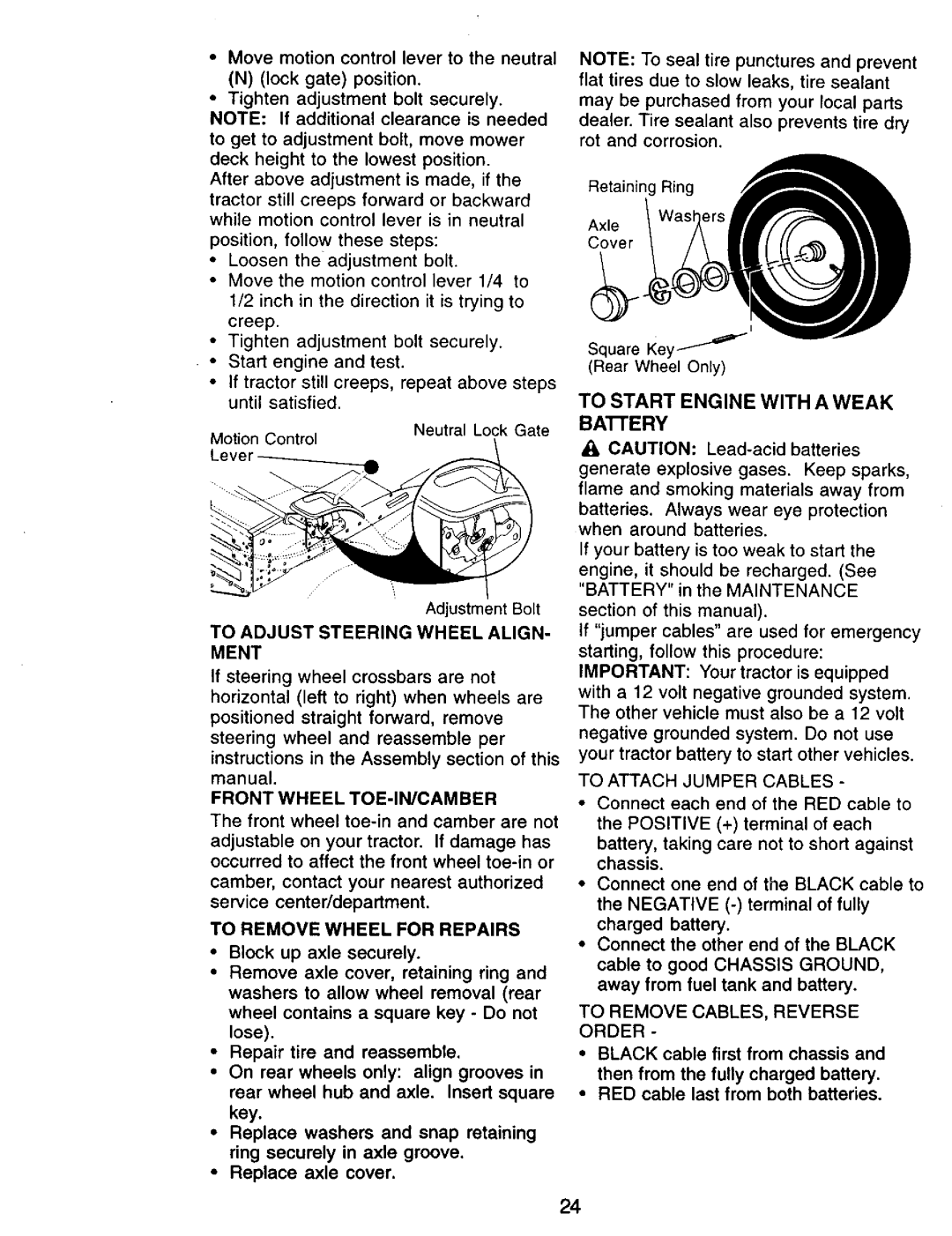 Craftsman 917.271142 manual To Adjust Steering Wheel ALIGN- Ment, Front Wheel TOE-IN/CAMBER, To Remove Wheel for Repairs 