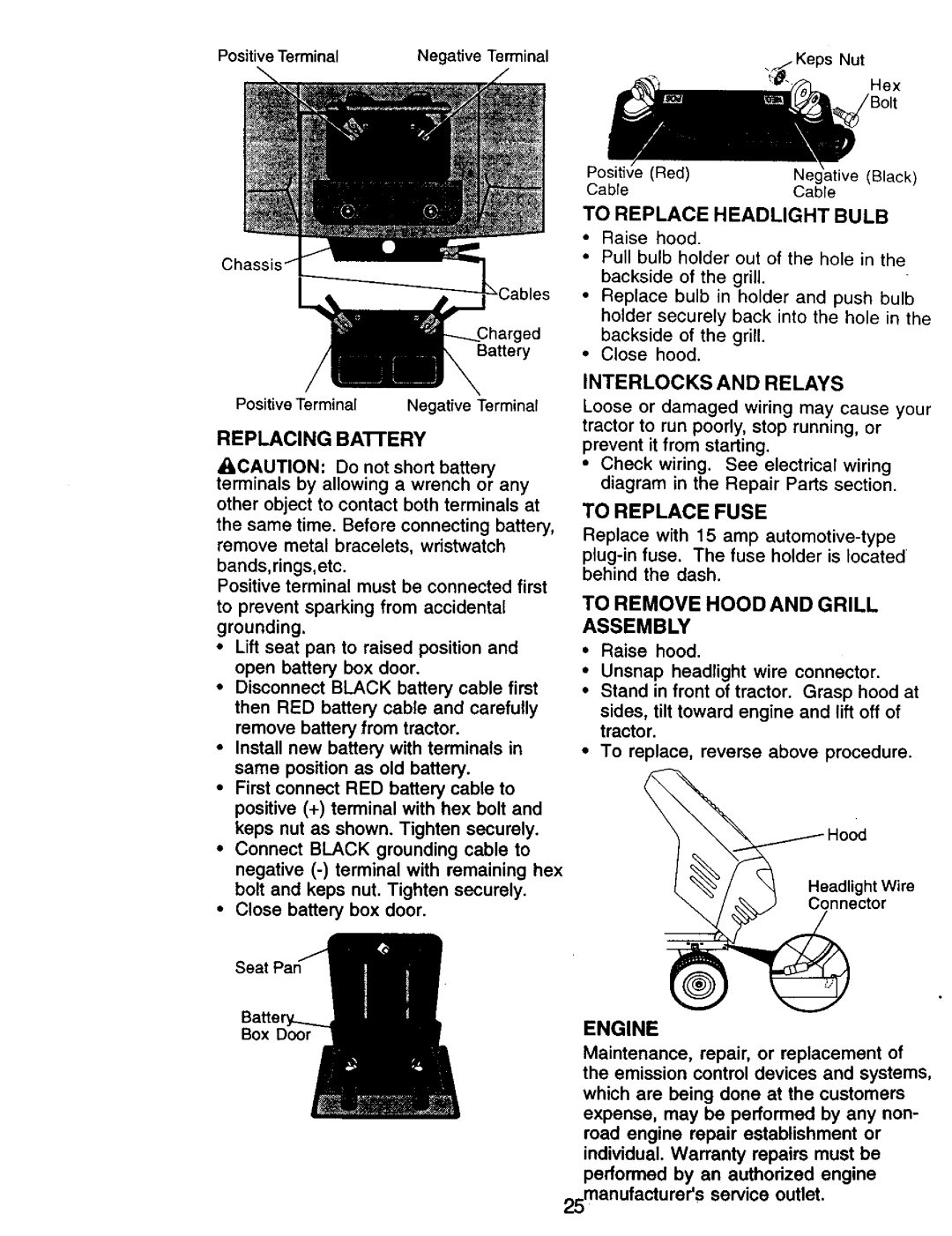 Craftsman 917.271142 To Remove Hood and Grill Assembly, To Replace Headlight Bulb, Interlocks and Relays, To Replace Fuse 