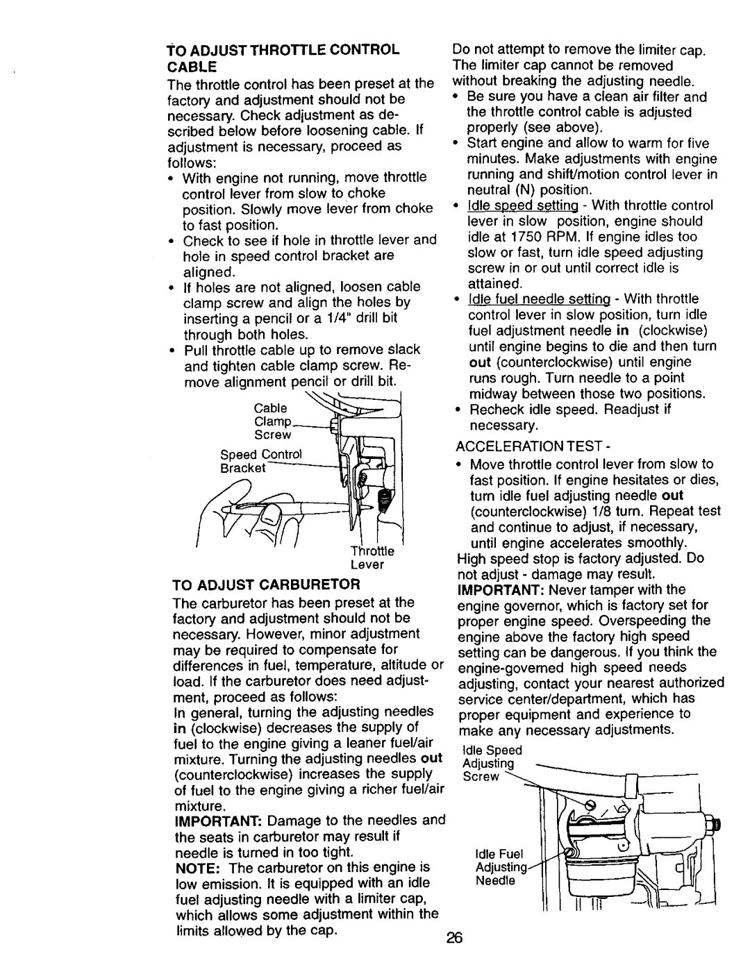 Craftsman 917.271142 manual To Adjust Carburetor, Acceleration Test 