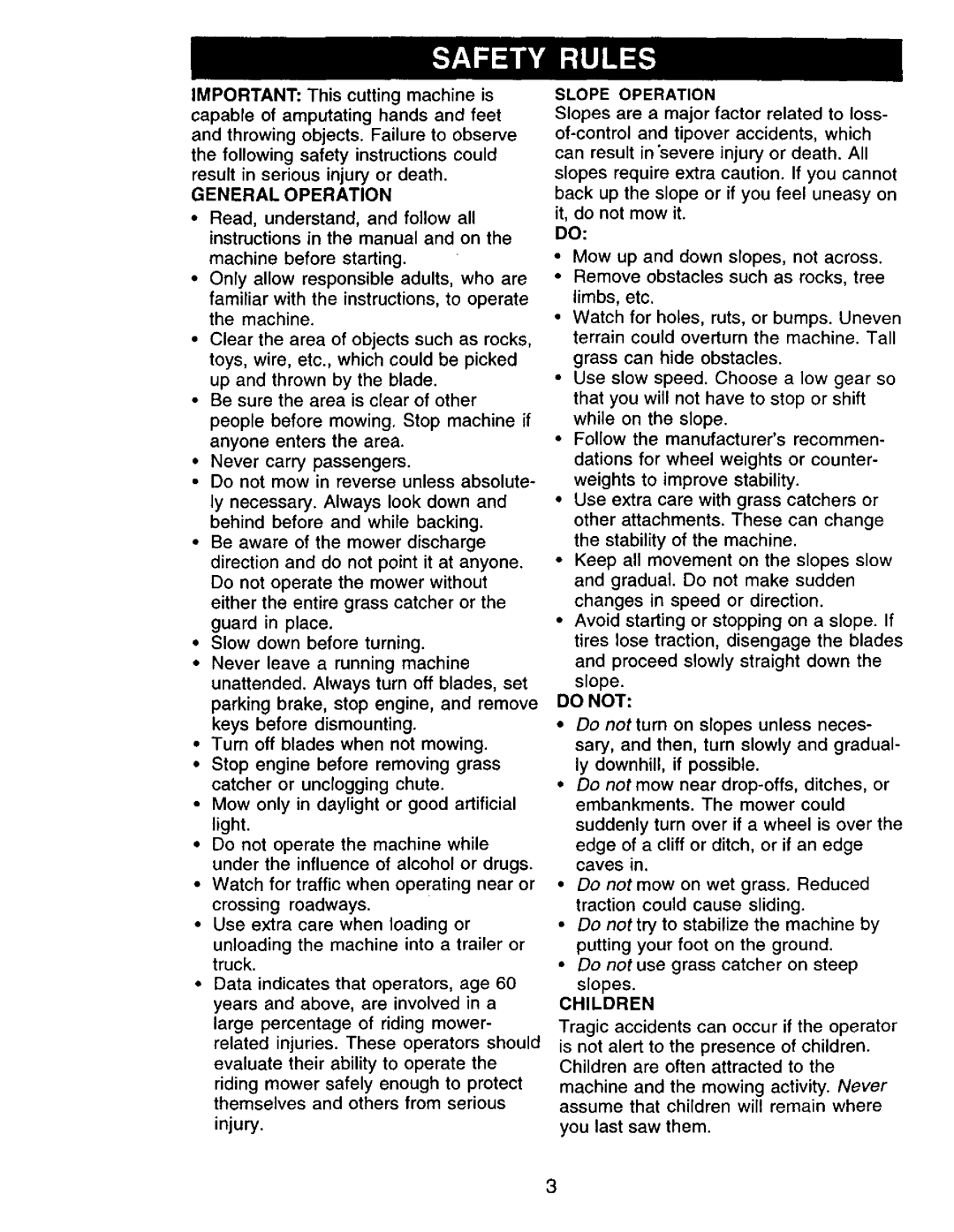 Craftsman 917.271142 manual General Operation, Slope Operation, Do not, Children 