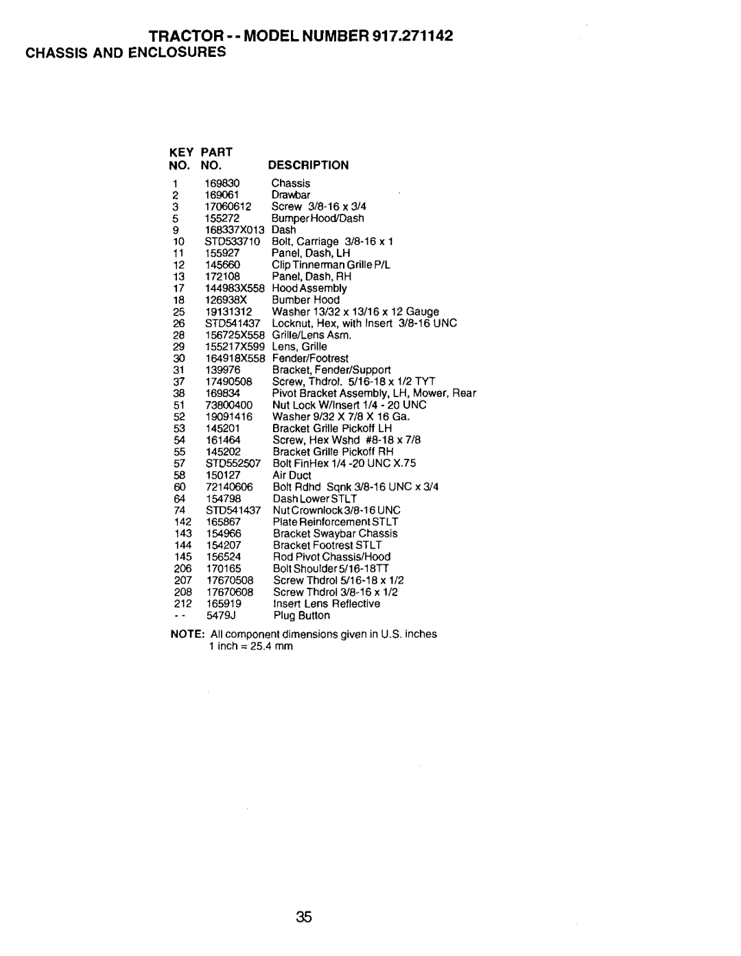 Craftsman 917.271142 manual Tractor - Model Number Chassis and Enclosures, KEY Part NO. NO.DESCRIPTION 