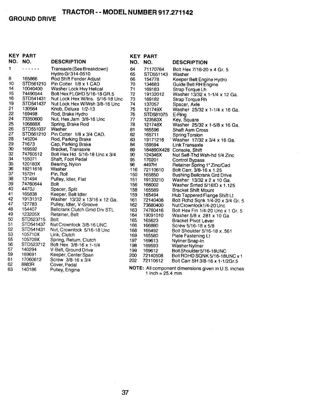 Craftsman 917.271142 manual Tractor - Model Number Ground Drive, KEY Part Description 