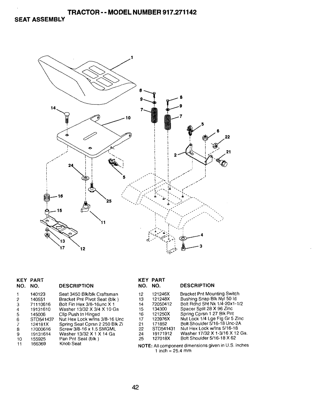 Craftsman 917.271142 manual Tractor - Model Number Seat Assembly, KEY Part Description 