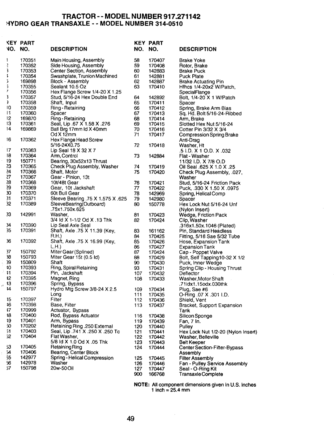 Craftsman 917.271142 manual Part KEY Description, 142892 