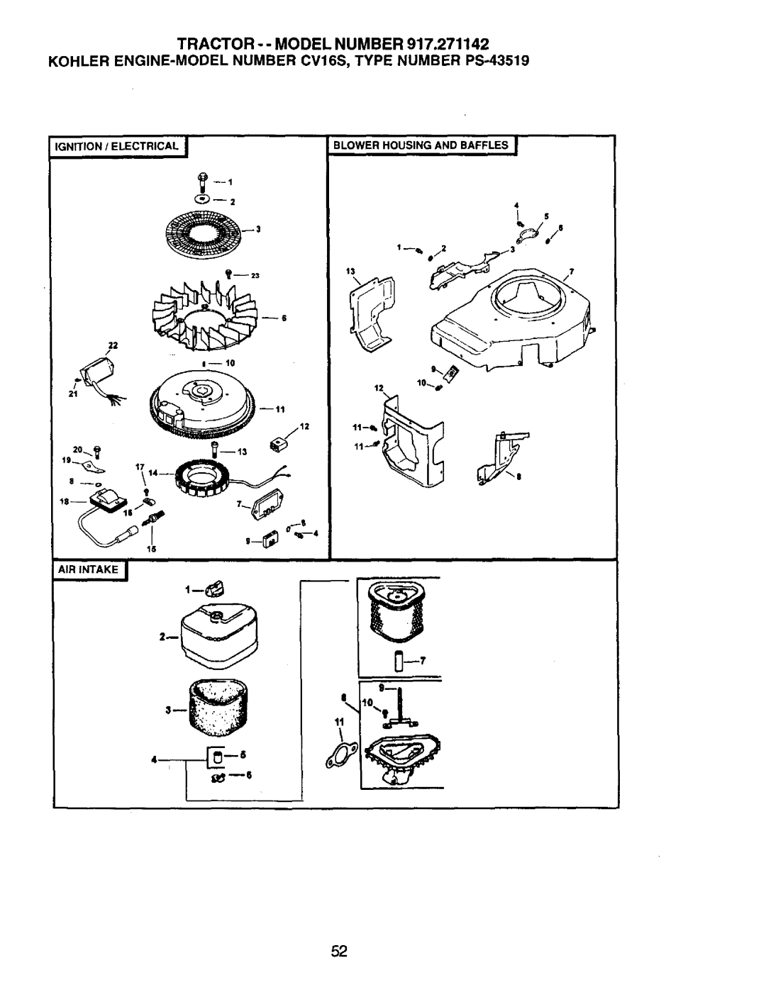 Craftsman 917.271142 manual Ignition / Electrical Blower Housing and Baffles AIR Intake 